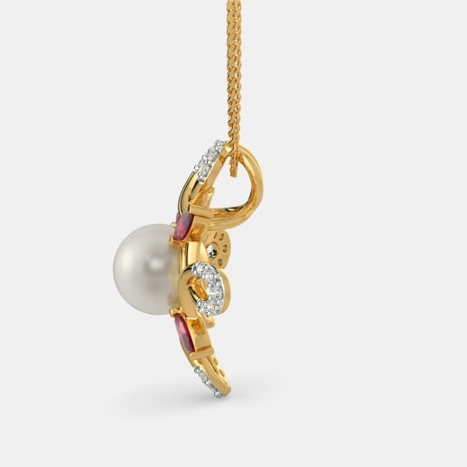 Diamond , White Pearl And Ruby Pendant In Yellow Gold (1.86 Gram) With Diamonds (0.120 Ct)